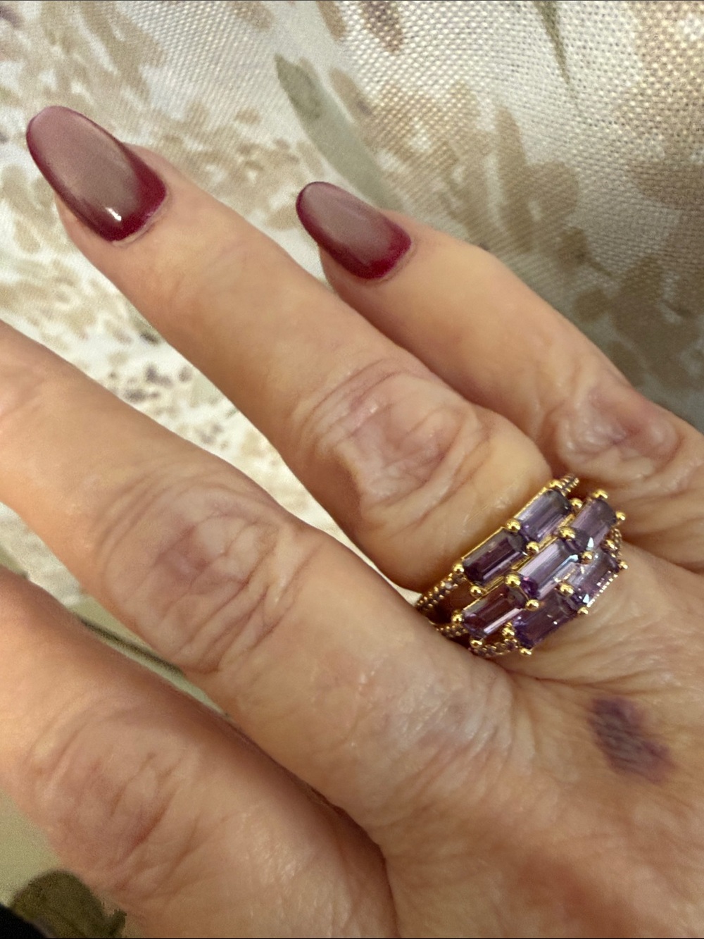 Gold-Tone Ring with Rectangular Purple Crystals